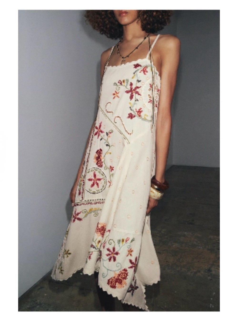 Zara Cream Asymmetrical Embroidered Slip Dress - Picture 4 of 10